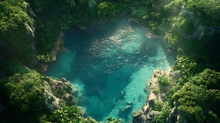 High-angle view of a vibrant turquoise lagoon nestled within lush tropical foliage.