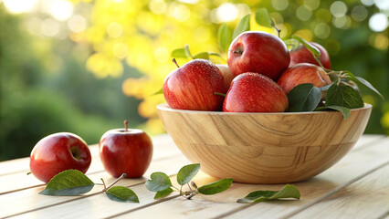 Red Apples in wooden bowl on wooden table in Natural Background with warm sunlight view