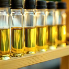 Golden Liquid in Glass Vials on Wooden Rack Science Research
