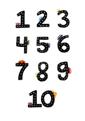 Cute set collection Numbers wall art poster  1 2 3 road map street with colourful cars doodle crayon watercolour kids illustration learn counting count birthday party age clipart print