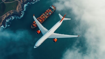 Aerial view of a plane flying over a large cargo ship in the ocean, surrounded by clouds and showcasing the contrast between air and sea transport.