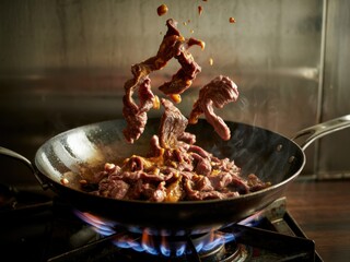 Juicy beef slices sizzle in a large frying pan over a roaring flame in a busy kitchen