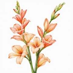 Fototapeta premium Elegant Watercolor Painting of Peach-Colored Gladiolus Flowers