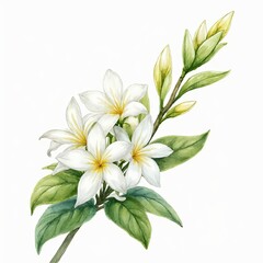 Obraz premium Beautiful watercolor painting of delicate white Plumeria flowers and buds on a branch