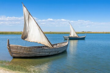 Fototapeta premium Two traditional wooden sailboats with white sails on a calm blue lake under a clear sky