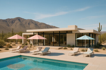Fototapeta premium Modern desert villa with a pool, lounge chairs, and umbrellas, surrounded by mountains and cacti.