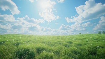 Obraz premium Vast green meadow under a bright blue sky with fluffy white clouds on a sunny day.