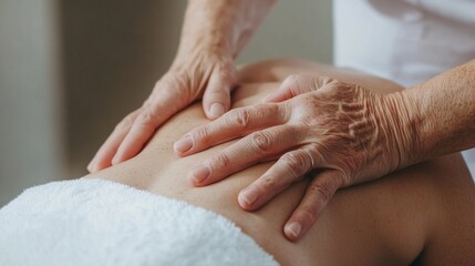 Close-up of a massage therapist's hands on a person's back in a relaxing spa setting.