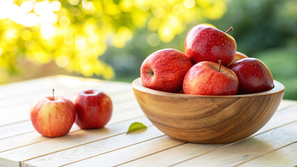 Red Apples in Wooden bowl on surface in Garden Bright Natural Background
