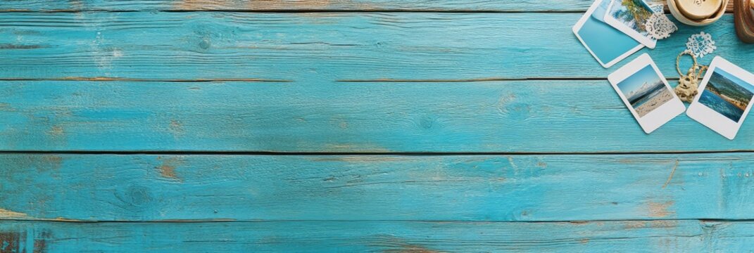 Turquoise wooden background with travel photos, compass, and keys