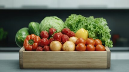 Fresh and Colorful Organic Vegetables and Fruits in a Natural Wooden Box for Healthy and Eco-Friendly Diet Choices