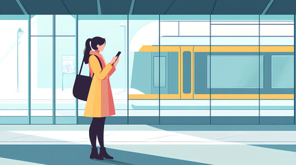 person with smartphone at modern train station