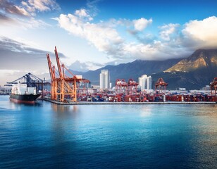 Naklejka premium bustling port with cargo ship cranes and containers against urban skyline and cloudy mountains ideal for illustrating global trade logistics industrial operations and commercial waterfronts