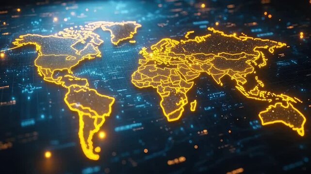 Global world map graphic glowing yellow gold outline