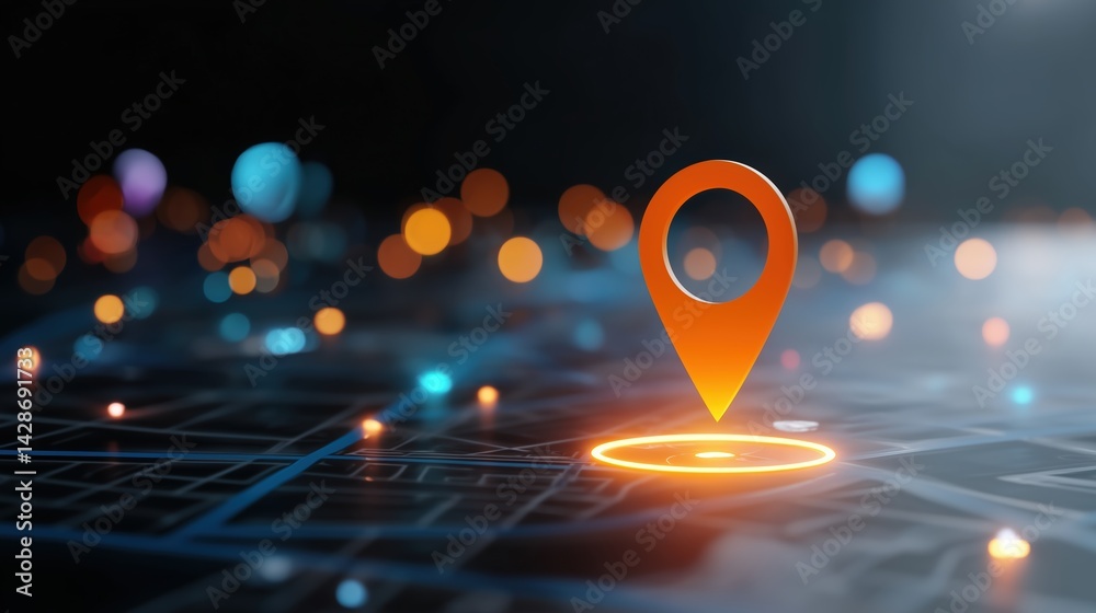 Poster 3d illustration of glowing orange location pin icon on digital map with blurred bokeh background, hy