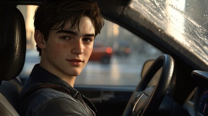 Obraz premium Young man with freckles driving in a city setting during sunset.