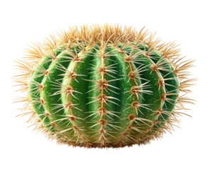 vibrant cactus with smooth surface and bright green color, adorned with numerous golden spines, showcases beauty of desert flora. Its unique shape and texture evoke sense of resilience and natural