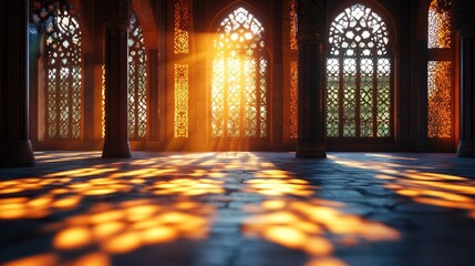 Sunlight streams through stained glass windows in a grand, ornate hall, illuminating the stone floor with a warm glow.