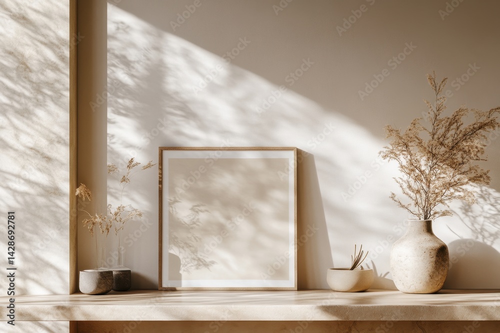 Poster soft sunlight casts delicate shadows over a minimalist shelf adorned with natural decor in a serene 
