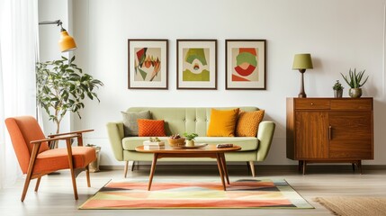 Living room interior, mid-century, retro furniture, art, natural light, indoor shot