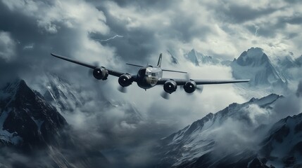 Vintage aircraft flying through dramatic stormy mountain skies.