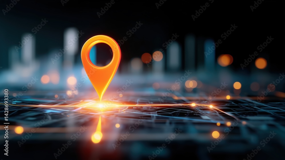 Poster 3d illustration of glowing orange location pin icon on digital map with blurred bokeh background, hy