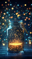 Bright glowing firefly particles sparkling inside a glass jar illuminated by festive bokeh lights in a dark background creating a magical enchanting scene
