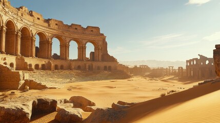 Ancient stone arches in a sunlit desert ruin with expansive sandy landscape.