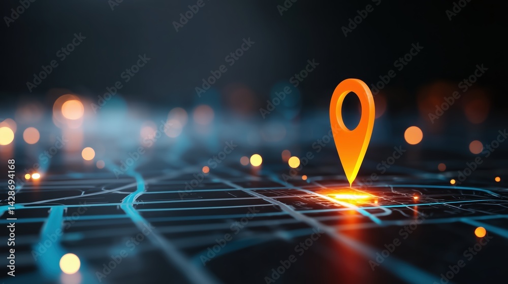 Poster 3d illustration of glowing orange location pin icon on digital map with blurred bokeh background, hy