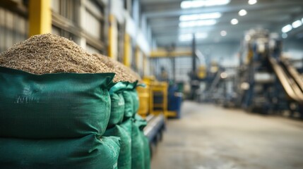 Fototapeta premium Industrial warehouse with sacks of raw materials, blurred machinery in background.