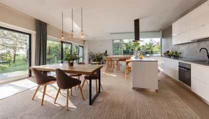 bright and modern interior featuring an open kitchen and dining area with large windows