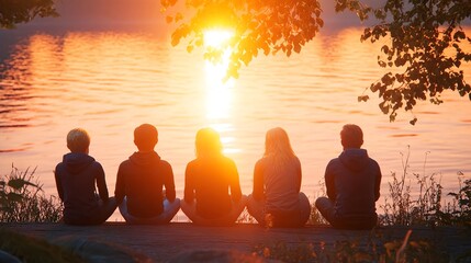 Family Enjoying Sunset Together by the Water's Edge