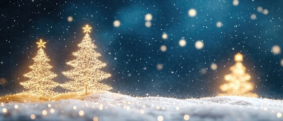 Naklejka premium Three glowing Christmas trees in a snowy landscape with a blue bokeh background.