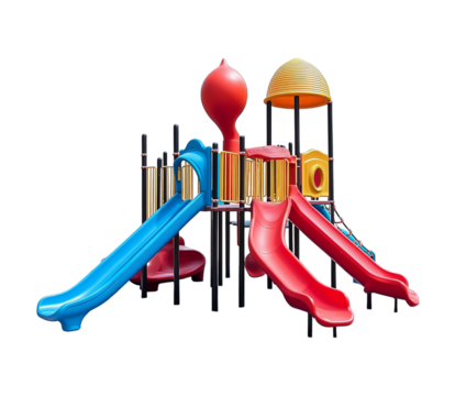 A children's playground in a garden, featuring a multi-level slide play set with red and blue colors, set against on Png Format and Transparent Background