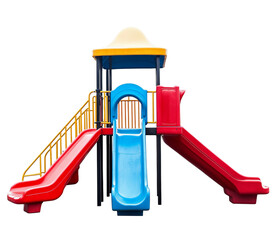 A children's playground in a garden, featuring a multi-level slide play set with red and blue colors, set against on Png Format and Transparent Background