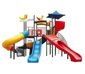 A children's playground in a garden, featuring a multi-level slide play set with red and blue colors, set against on Png Format and Transparent Background
