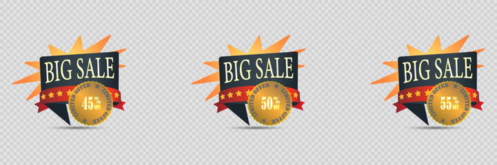 Sticker set, big sale and discounts. Stickers of offers and percentages.