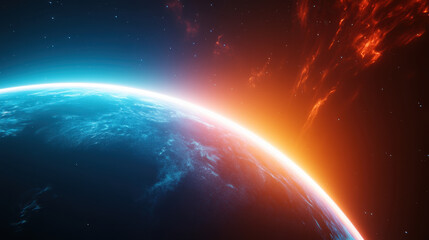 stunning view of planet horizon, showcasing vibrant colors of blue and orange, with cosmic background filled with stars and nebulae. scene evokes sense of wonder and exploration