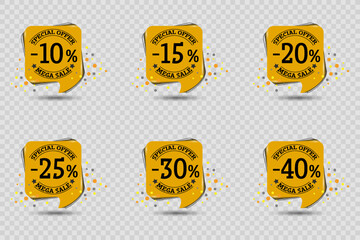 Set of stickers for a store and business sale and discount offer.