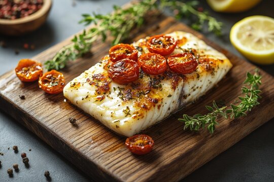 Baked cod fillet with sun-dried tomatoes and herbs