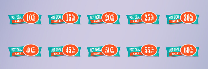 Sticker set, big sale and discounts. Stickers of offers and percentages.