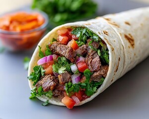Grilled streetstyle shawarma wrap filled with smoky meat, fresh veggies, and tangy sauce