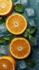 Fresh orange slices with mint leaves and ice cubes on a dark, wet surface.