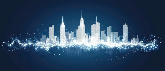 White cityscape silhouette with glowing lights on blue background.