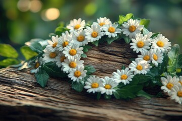 Obraz premium Delicate daisy wreath on a rustic log