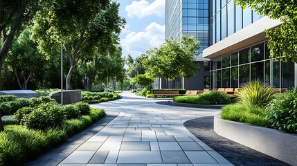 Naklejka premium Modern urban oasis walkway flanked by office building and lush greenery.
