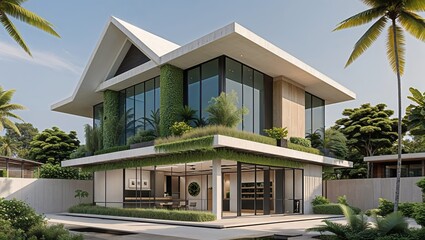 Fototapeta premium Luxurious modern home blends architecture and nature featuring green walls and tropical landscape in a sunny setting