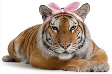 Obraz premium A tiger with a pink bow on its head is laying on a white background. Concept of playfulness and whimsy, as the tiger is dressed up in a human-like manner