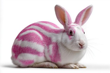 Obraz premium A rabbit with pink and white stripes is sitting on a white background. The rabbit's fur is covered in glitter, giving it a sparkly appearance. Concept of whimsy and playfulness, as the rabbit's unique