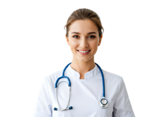 A smiling nurse with a stethoscope, isolated